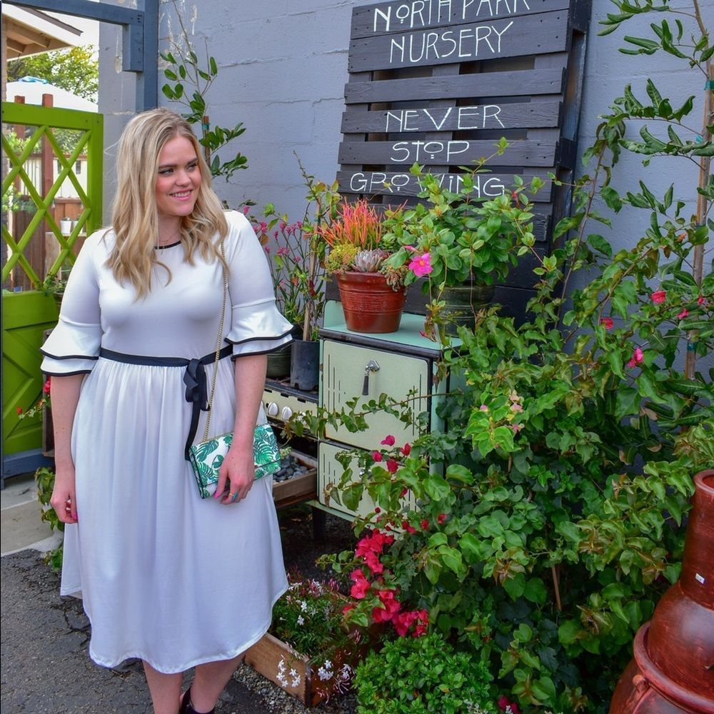 White Midi Dress with Pockets Contrast Black Trim Layered Ruffle Sleeves